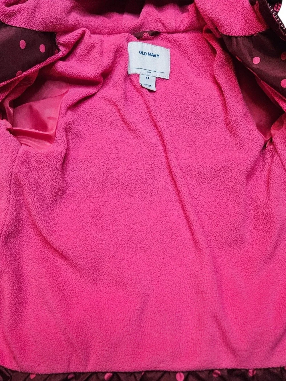 Old Navy Girls 4T Burgundy Pink Polka Dot Hooded Puffer Jacket